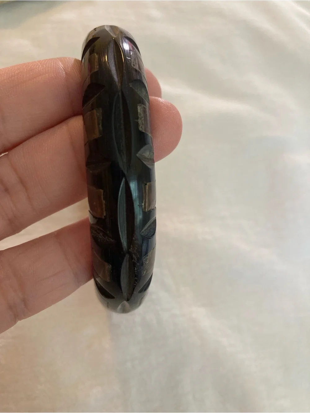 Carved Wood Vintage Bangle Bracelet Black Brown